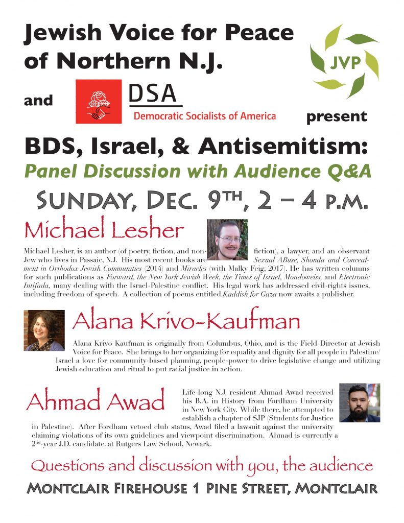 flyer, panel discussion, BDS, Israel, & Antisemitism