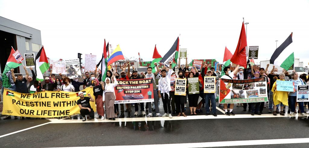 crowd with various flags and banners at port rally