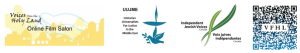 logos, not clickable: Voices from the Holy Land Online Film Salon, Unitarian Universalists for Justice in the Middle East, Independent Jewish Voices Canada, VFHL QR code