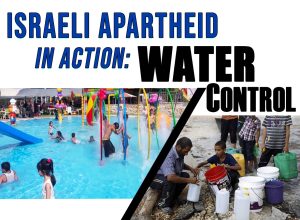 Headline: Israeli Apartheid in Action: Water Control left side; families playing in modern public swimming pool with slide, fountians, etc. right side, people in barren area have a group of plastic bottles and buckets, pouring water from larger to smaller; apparently lined up to share limited resources