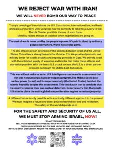 Details about the cost of war, the illegality of the U.S. bombing Iran, and why “for the safety and security of us all, we must stop arming Israel, now!”