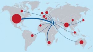 world map showing which countries sell bombs to Israel, with the size of circles indicating the relative quantity of bombs sold. The United States is by far the largest, with India (which gets bombs from Japan and China) and Australia being the next largest.